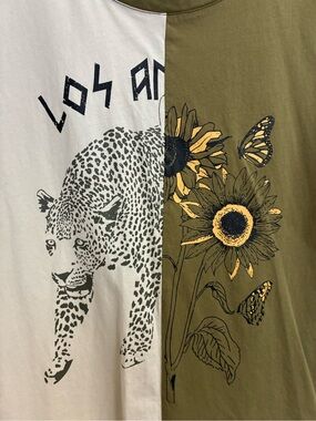 Cato Olive & White Colorblock Graphic Tee with Leopard, Flower Size L Edgy